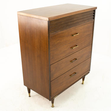 Merton Gershun Style Bassett Mid Century Walnut and Brass Louvered 5 Drawer Highboy Dresser - mcm 