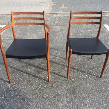 Two extraordinary sculpted teak Niels Moller dining chair, made in Denmark . Stamp marked &quot;J.L. Moller, Denmark&quot; $300 &amp; $250