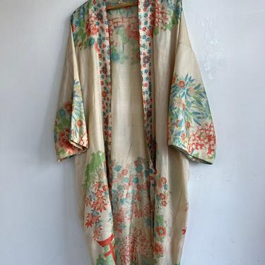 1920s Pongee Silk Floral Robe Japanese Sakura Maple Torii Gate S/M Antique 
