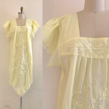 vintage 70's butter yellow lounge dress  // embroidered kaftan // muu muu 