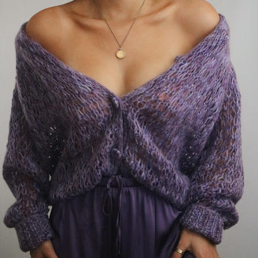 Vintage Lavender Purple Knit Cardigan - Mohair Blend Cozy Cardigan Sweater - S/M 