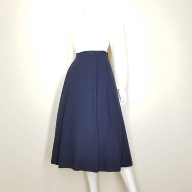 Vintage Pleated Wool Skirt, Large / Navy Blue Winter Skirt / Modest 1940s Style Skirt / Full Flared Midi Skirt / Dark Academia Skirt 