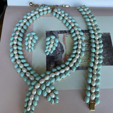 Trifari Turquoise and Pearl Necklace, Bracelet, and Clip Earring Set