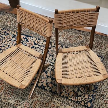 Pair of Hans Wegner Style Rope Folding Chairs 