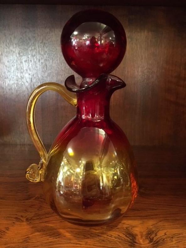 Vintage Blenko Pitcher with Large Round Stopper, Red & Gold