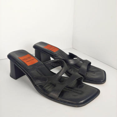 Vintage Y2K Goffredo Fantini 37.5 Black Square Toe Block Heel Slide Sandals - Size 7.5 2000 Millennium Style 
