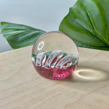 Vintage Pink and White Spiral Ribbon Art Glass Paperweight 