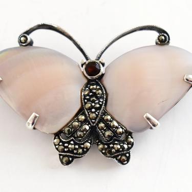 80's Art Deco style MT 925 silver pink Mother of Pearl red garnet marcasite butterfly brooch, sterling pyrite MOP statement pin 