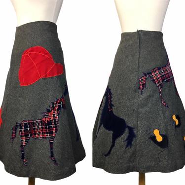 1970s Wool A-Line Skirt with Horses and Mice Appliqués 