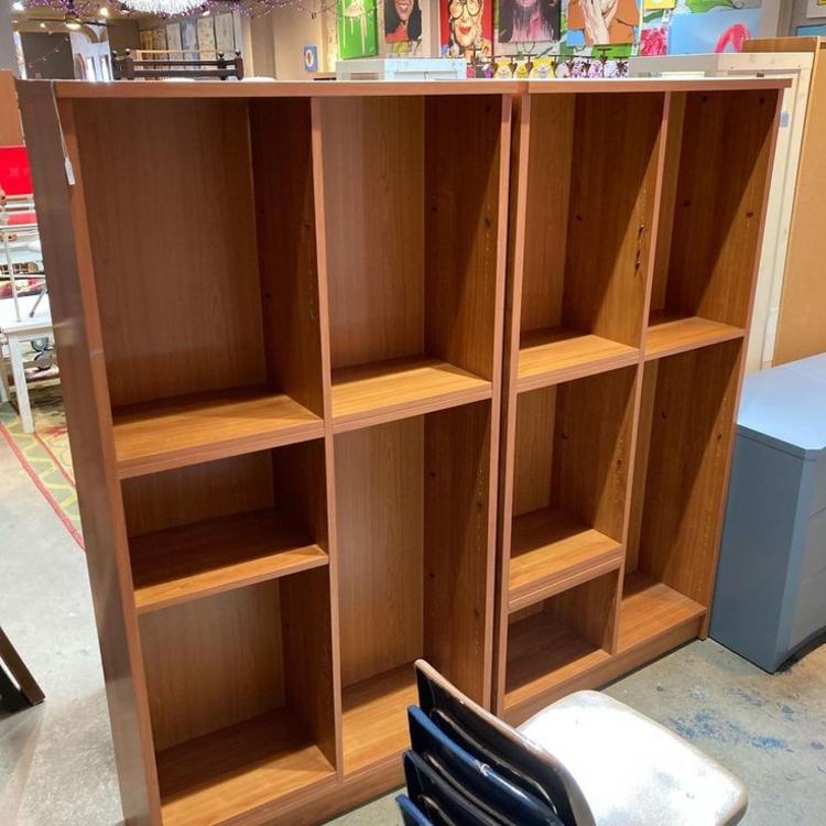 Two large book/whatnot shelves. Made in Denmark. Shelves are adjustable. 37.5” x 12.5” x 71.5” tall. 