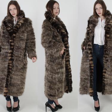 Vintage 80s Genuine Raccoon Fur Coat / Striped Shawl Collar Trim / Full Length Shaggy Warm Plush Long Overcoat 