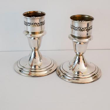 Pair of Vintage Hurricane Lamp Candle Bases. Silverplate Gorham Tapered Candles Candle Holders. Formal Dining Accessories. 