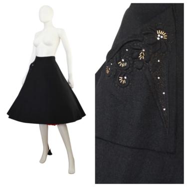 1950s Rhinestone Detailed Black Felt Skirt - 1950s Black Skirt - 1950s Studded Skirt - 1950s Trapunto Skirt - 1950s Felt Skirt | Size Small 
