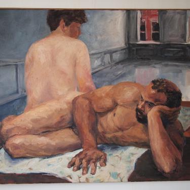 Original Vintage GERRIE CUFF Nude Couple Portrait PAINTING 36x48&quot; Oil / Canvas Large, Mid-Century Modern Art impressionist gay eames era 
