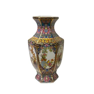 Purple blue Rich Multi-Color Print Flower Bird Graphic Porcelain Vase ws1491E 