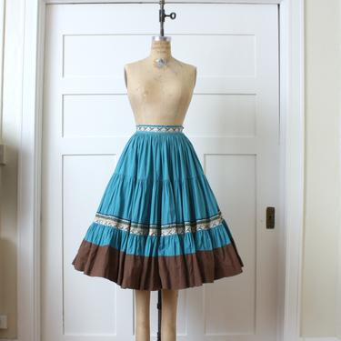 vintage western 1950s full cut skirt • southwest turquoise blue & brown cotton patio twirl skirt 