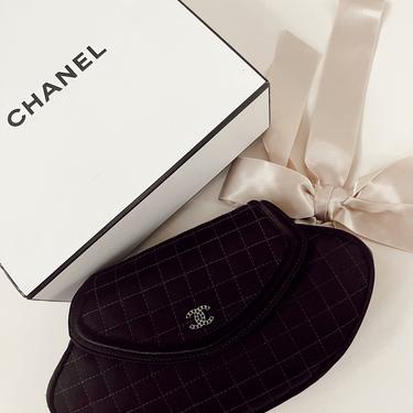 Vintage CHANEL CC Logo Black Satin Chocolate Bar Quilted Wristlet Bow Clutch Evening Bag Purse w card, box and sleeper! 