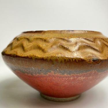 Vintage Nils Lou Studio Art Pottery Bowl Vase Stoneware Mid Century Modern Signed Orange Brown 