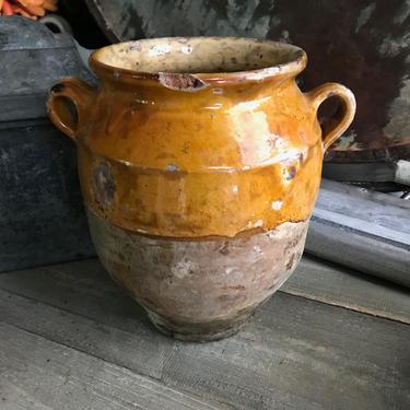 French Confit Jar, 19th C Terra Cotta Pot, Small Ochre Glaze Pottery, French Farmhouse 