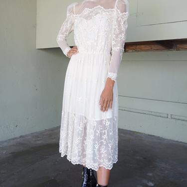 1970s Cream Lace Puff Sleeve Midi Dress with Built in Slip and Corset Back Victorian Gunne Sax High Neck Sheer Mesh White Sweetheart 