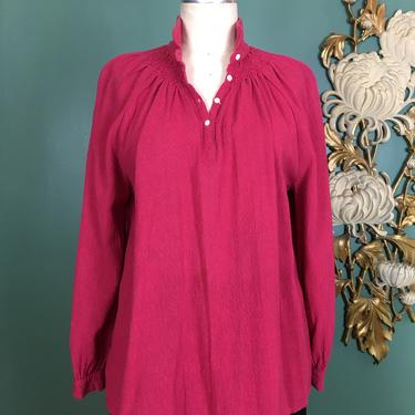 1970s blouse, red gauze blouse, vintage 70s tunic, made in india, shirred cotton, indian shirt, bohemian style, medium, long sleeve, boho 