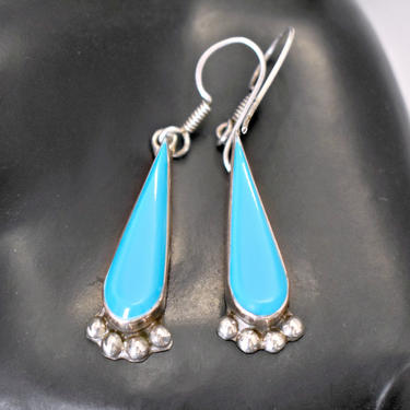 60's sterling turquoise Southwestern dangles, striking bright blue teardrop stones in 925 silver tribal hippie statement earrings, Mexico? 