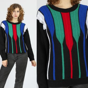 80s Geometric Striped Sweater - Women's Large | Vintage Black Knit Pullover Jumper 