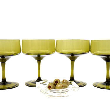 Set of 4 Stunning Vintage Olive Green Glass Champagne Coupes | Mid-Century Stemmed Glassware | Fabulous Mad Men Barware | +1 Bonus Glass 