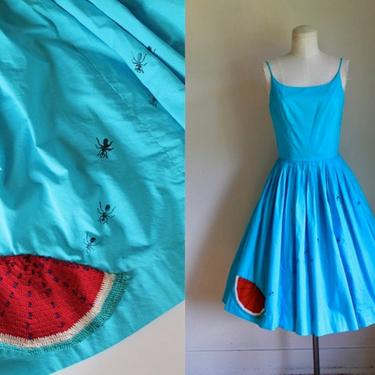 Vintage 1950s Bobbie Brooks Turquoise Watermelon Dress / XS (reworked) 