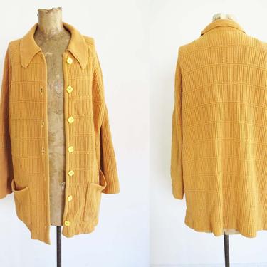 Vintage 60s Dark Gold Yellow Knit Cardigan M L  - Long Knit Cardigan Jacket - Cozy Fall Winter Cardigan - 60s Boho Clothing 