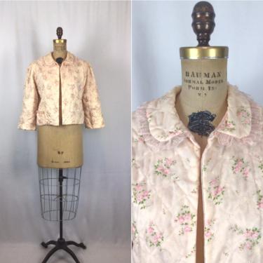 Vintage 50s bed jacket | Vintage pink floral bed jacket | 1950s quilted lingerie bed coat 
