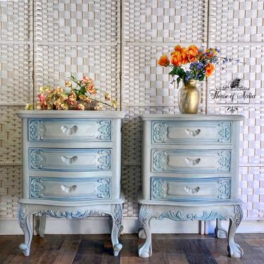Old World Finish Nightstands. French Blue Gray Nightstands. His and Hers Tables. Carved Vintage Bedside Tables.  Pair of Gray Nightstands. 