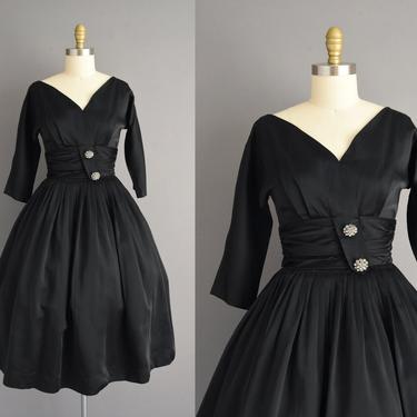 50s dress | Carol Craig Black Satin full skirt cocktail party dress | Small Medium | 1950s vintage dress 
