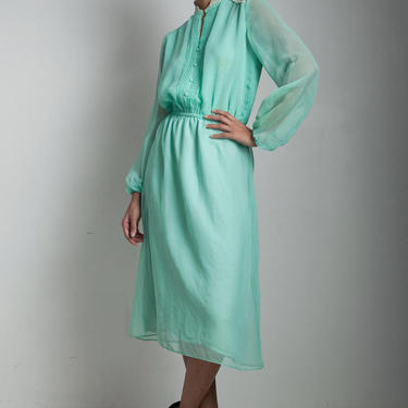 vintage 70s shirtwaist secretary dress green flowy midi sheer long sleeves lace collar pintuck SMALL MEDIUM S M 