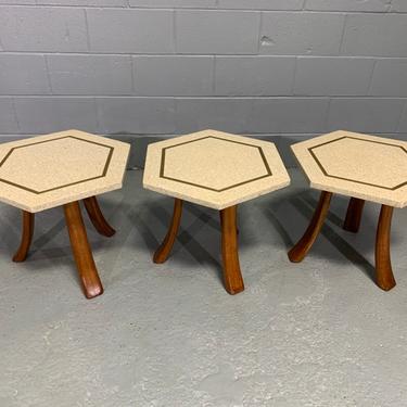 Mid-Century Modern Hexagonal Side Table by Harvey Probber with Terrazzo Stone Top with Brass Inlay and Mahogany Legs