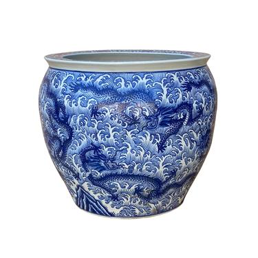 Vintage Blue White Dragons Ceramic Large Planter Water Fish Pot cs7015E 