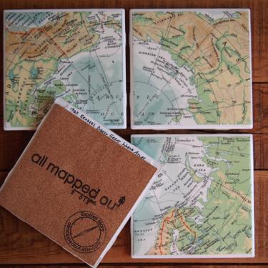 1963 North Pole &amp; Arctic Circle Vintage Map Coasters Set of 4 - Ceramic Tile - Repurposed 1960s Reader's Digest Atlas - Handmade 