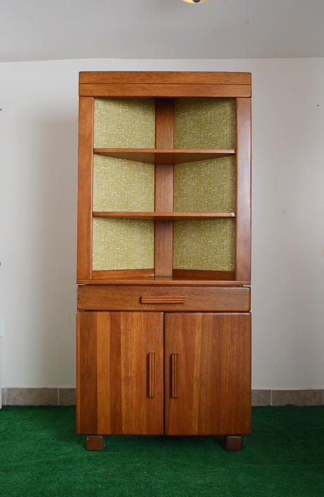 Vintage Mid Century Corner Wood Cabinet, Mid Century Corner Curio Cabinet