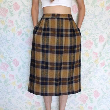 Vintage 70s Wool Skirt, Plaid Pattern in Brown and Navy Blue, Midi Pencil Skirt, Size Medium 