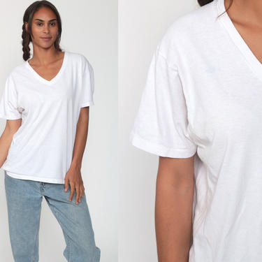 White TShirt Burnout Tee Shirt Hanes Shirt Plain Tshirt Vintage V Neck Tee 90s Grunge Soft Sheer T Shirt Paper Thin Normcore Large 