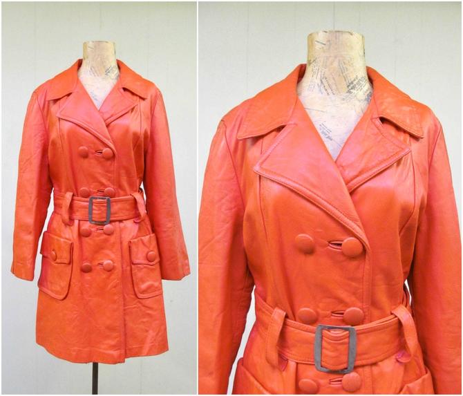 Vintage 1960s Mod Tangerine Leather, Vintage Orange Leather Trench Coat