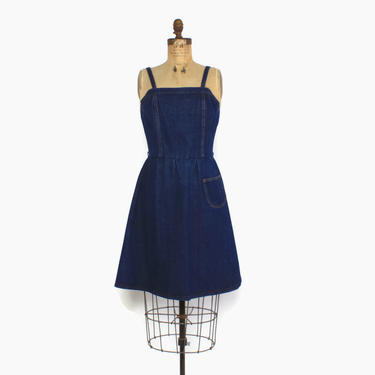 Vintage 70s DENIM Dress / 1970s Blue Jeans Bib Overalls Suspender Jumper Dress by luckyvintageseattle