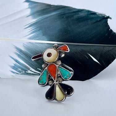 PEYOTE BIRD Vintage Zuni Inlay Ring | Silver Turquoise Coral Jet Mother of Pearl 4gr | Native American Indian, Southwestern Jewelry | Size 5 