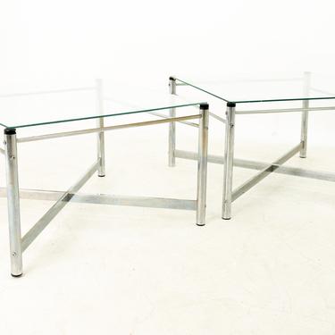 Milo Baughman Style Mid Century X Base Chrome and Glass Side End Tables - Pair - mcm 