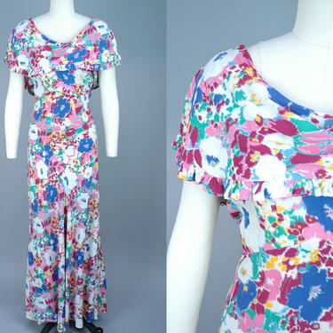 1930s Floral Gown | Vintage 30s Rayon Dress with Drape Collar | medium / large 