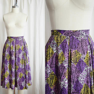1950s Novelty Print Cotton Skirt | Purple and Chartreuse | Atomic Retro | 26&amp;quot; Waist 
