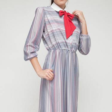 vintage 70s secretary ascot dress M L MEDIUM LARGE stripes long sleeves gray pink striped 