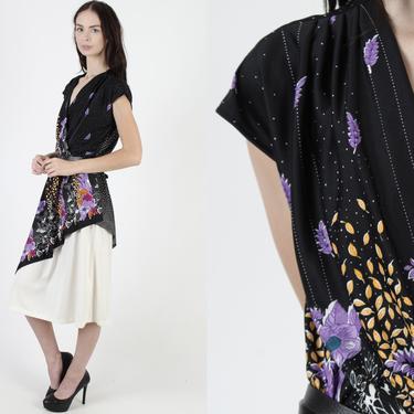 Purple Black Floral Wrap Dress / Vintage 70s Ivory Wildflower Dress / Long Flowy Thin Lightweight Dress / Deep V Bodice Scarf Skirt Midi 
