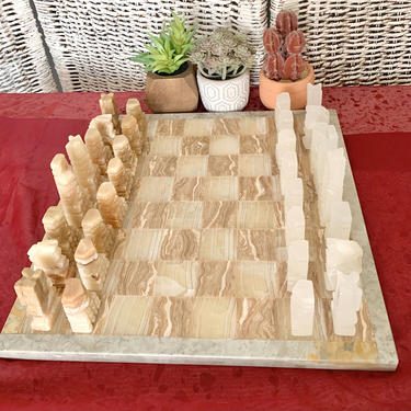 Complete Chess Set and Board, Mexico, Mayan, Carved Pieces,  Marble,  Obsidian, Quartz, Natural Stone 