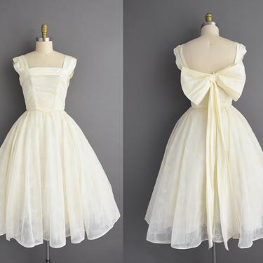 1950s vintage dress | Gorgeous Ivory Chiffon Floral Print Sweeping Full Skirt Bridesmaid Wedding Dress | Small | 50s dress 